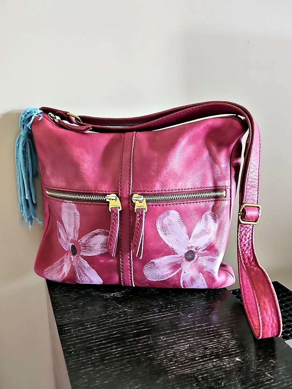 funk.u.self Fossil Hand Painted Floral Lilac & Black Burgandy Leather Crossbody